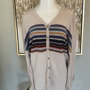 NWOT WHITE BIRCH BUTTON DOWN SOFT LIGHTWEIGHT TAN GRAY SWEATER WITH STRIPE PANEL